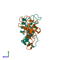 PDB entry 2pvd coloured by chain, side view.