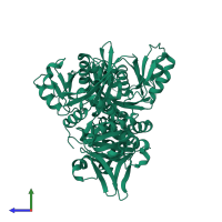 Homo dimeric assembly 1 of PDB entry 2pvp coloured by chemically distinct molecules, side view.