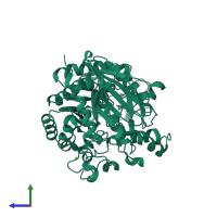 Monomeric assembly 2 of PDB entry 2pwh coloured by chemically distinct molecules, side view.