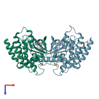 PDB entry 2pwl coloured by chain, top view.