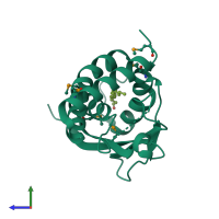 PDB entry 2pwn coloured by chain, side view.