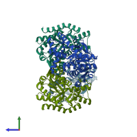 PDB entry 2pwz coloured by chain, side view.