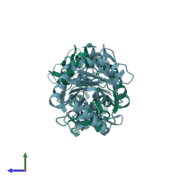 PDB entry 2px7 coloured by chain, side view.