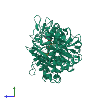 PDB entry 2pxz coloured by chain, side view.