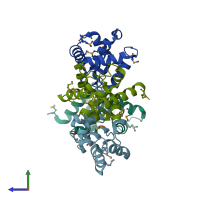 PDB entry 2pyq coloured by chain, side view.