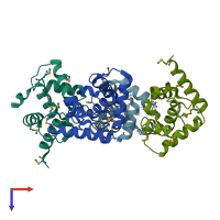PDB entry 2pyq coloured by chain, top view.