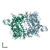 PDB entry 2pyx coloured by chain, front view.