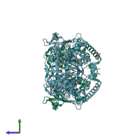 PDB entry 2pyx coloured by chain, side view.