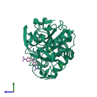 PDB entry 2pyz coloured by chain, side view.