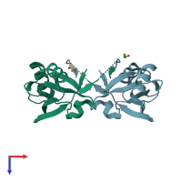 PDB entry 2pzd coloured by chain, top view.