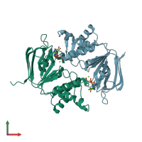 PDB entry 2pze coloured by chain, front view.