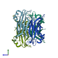 PDB entry 2pzh coloured by chain, side view.
