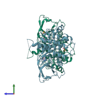 PDB entry 2pzr coloured by chain, side view.