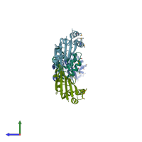 PDB entry 2pzz coloured by chain, side view.