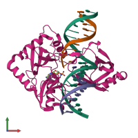 PDB entry 2q2t coloured by chain, front view.