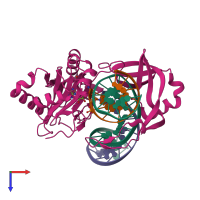 PDB entry 2q2t coloured by chain, top view.