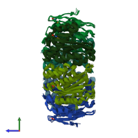 PDB entry 2q3s coloured by chain, ensemble of 8 models, side view.