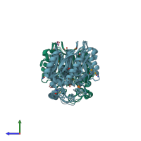PDB entry 2q3u coloured by chain, ensemble of 8 models, side view.