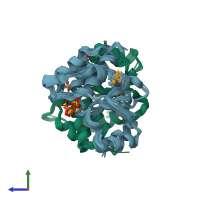 PDB entry 2q47 coloured by chain, ensemble of 16 models, side view.