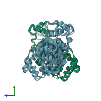 PDB entry 2q4c coloured by chain, ensemble of 8 models, side view.