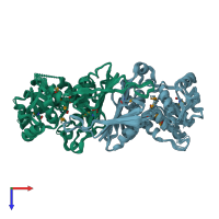 PDB entry 2q4e coloured by chain, ensemble of 16 models, top view.