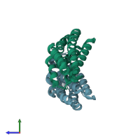 PDB entry 2q4f coloured by chain, ensemble of 8 models, side view.