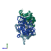 PDB entry 2q4k coloured by chain, ensemble of 16 models, side view.