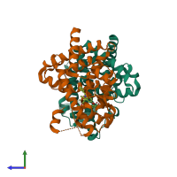 Hetero dimeric assembly 1 of PDB entry 2q59 coloured by chemically distinct molecules, side view.