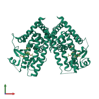 Homo dimeric assembly 1 of PDB entry 2q5p coloured by chemically distinct molecules, front view.
