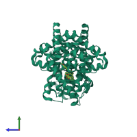 Homo dimeric assembly 1 of PDB entry 2q5p coloured by chemically distinct molecules, side view.