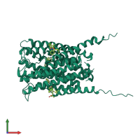 Homo trimeric assembly 2 of PDB entry 2q7m coloured by chemically distinct molecules, front view.