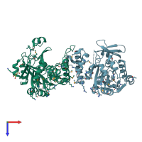 PDB entry 2q7x coloured by chain, top view.