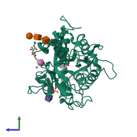 Monomeric assembly 1 of PDB entry 2q8j coloured by chemically distinct molecules, side view.