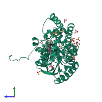 PDB entry 2qa3 coloured by chain, side view.