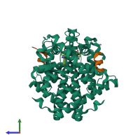 Hetero tetrameric assembly 1 of PDB entry 2qab coloured by chemically distinct molecules, side view.