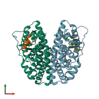 PDB entry 2qab coloured by chain, front view.