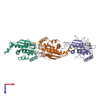 PDB entry 2qag coloured by chain, top view.