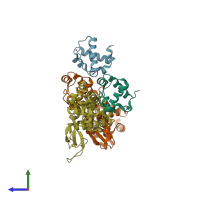 PDB entry 2qb0 coloured by chain, side view.