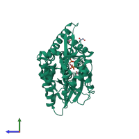 Monomeric assembly 1 of PDB entry 2qb7 coloured by chemically distinct molecules, side view.