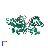 Monomeric assembly 1 of PDB entry 2qb7 coloured by chemically distinct molecules, top view.