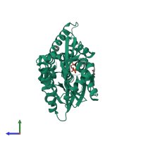 Monomeric assembly 2 of PDB entry 2qb7 coloured by chemically distinct molecules, side view.