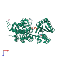 Monomeric assembly 2 of PDB entry 2qb7 coloured by chemically distinct molecules, top view.