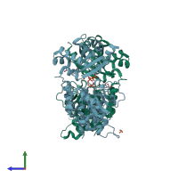PDB entry 2qb7 coloured by chain, side view.