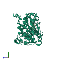 Monomeric assembly 1 of PDB entry 2qc6 coloured by chemically distinct molecules, side view.