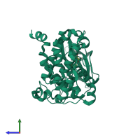 PDB entry 2qc6 coloured by chain, side view.