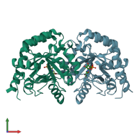 PDB entry 2qcg coloured by chain, front view.