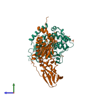 PDB entry 2qcs coloured by chain, side view.