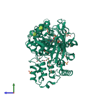 Monomeric assembly 2 of PDB entry 2qcu coloured by chemically distinct molecules, side view.