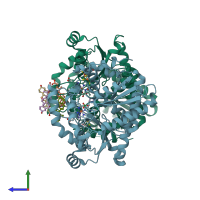 PDB entry 2qd2 coloured by chain, side view.