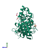 PDB entry 2qdc coloured by chain, side view.